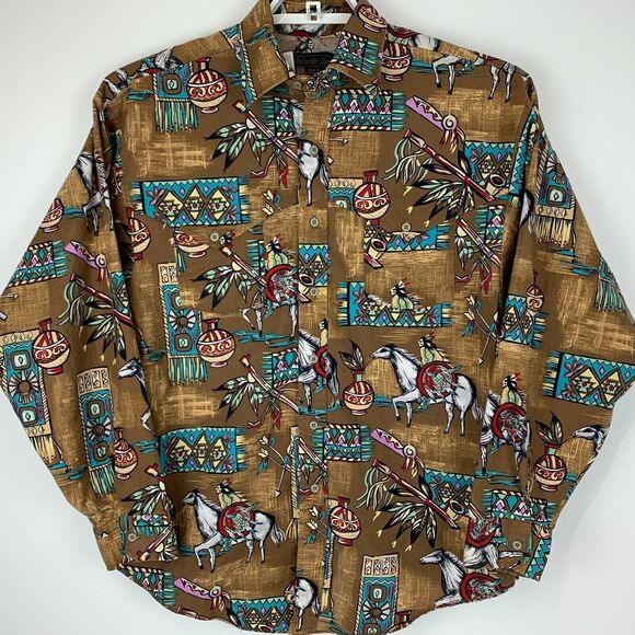 Vintage Panhandle Slim Button Front Shirt Medium Native American Indian Brown - Picture 2 of 8